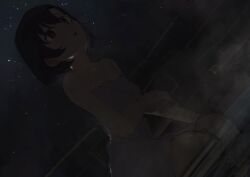 1girl black_hair breasts commentary dark highres idolmaster idolmaster_cinderella_girls looking_to_the_side naked_towel night onsen open_mouth rakukata_u shiragiku_hotaru short_hair sitting sketch sky small_breasts soaking_feet solo star_(sky) starry_sky steam symbol-only_commentary towel water