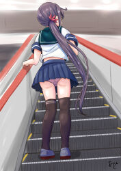 1girl ahoge akashieru akebono_(kancolle) black_thighhighs blue_sailor_collar blue_skirt escalator flower from_behind full_body hair_flower hair_ornament highres kantai_collection long_hair one-hour_drawing_challenge panties pantyshot pleated_skirt purple_hair sailor_collar school_uniform serafuku side_ponytail skirt solo standing thighhighs underwear upskirt very_long_hair