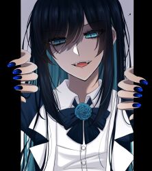 Rule 34 | 1girl, ado (utaite), black bow, black bowtie, black hair, blue eyes, blue flower, blue hair, blue nails, blue rose, bow, bowtie, chando (ado), collared shirt, colored inner hair, commentary request, dress shirt, fangs, flower, highres, long hair, mole, mole under eye, multicolored hair, nail polish, open mouth, rose, shirt, shoko (gs music11), sidelocks, solo, teeth, upper body, upper teeth only, utaite, white shirt