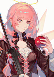 Rule 34 | 1girl, absurdres, apple, arknights, bigchun, black jacket, blunt bangs, closed mouth, earrings, food, fruit, gun, halo, highres, holding, holding food, holding fruit, jacket, jewelry, lemuen (arknights), long hair, long sleeves, looking at viewer, pink eyes, pink hair, rifle, shirt, single earring, smile, solo, traditional halo, upper body, weapon, white shirt