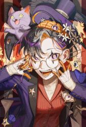 Rule 34 | 1girl, animal, black hair, brain, cat, colored inner hair, glasses, hands up, hat, highres, jacket, looking at viewer, mole, mole under mouth, momomo 906, multicolored hair, orange hair, original, purple eyes, purple hair, purple jacket, red vest, short hair, sleeves past wrists, solo, striped background, sweater, top hat, turtleneck, turtleneck sweater, upper body, very short hair, vest