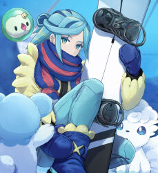 1boy alolan_form alolan_vulpix aqua_eyes aqua_hair blue_footwear blue_mittens blue_scarf boots commentary_request creatures_(company) cubchoo eyelashes game_freak gen_5_pokemon gen_7_pokemon grusha_(pokemon) highres holding jacket long_sleeves looking_down male_focus min_(myna8247) mittens nintendo pants pokemon pokemon_(creature) pokemon_sv scarf scarf_over_mouth snowboard solosis striped_clothes striped_scarf yellow_jacket