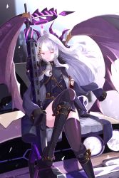1girl absurdres ahoge armband black_boots black_gloves black_jacket black_skirt blue_archive boots brown_thighhighs closed_mouth commentary_request excella_(delltothu) feet_out_of_frame gloves grey_hair gun hair_ornament hairclip halo highres hina_(blue_archive) holding holding_gun holding_weapon horns jacket jacket_on_shoulders knee_boots lace-up_boots long_hair long_sleeves looking_at_viewer low_wings machine_gun mg42 multiple_horns one_eye_closed parted_bangs purple_eyes purple_wings sitting skirt solo thighhighs thighhighs_under_boots very_long_hair weapon wings
