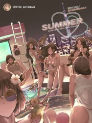 6+girls alcohol aoki_kei aoki_mei aoki_rei aoki_sei ass bikini bikini_bottom_only bottle breasts brown_hair butt_crack chair cityscape cleavage cooking couch crossed_legs cup earrings executive_mishiro flower gloves green_eyes grill grilling hair_flower hair_ornament hair_up halterneck highres holding holding_cup holding_plate idolmaster idolmaster_cinderella_girls jewelry ladder large_breasts licolicorice long_hair medium_breasts multiple_girls night night_sky outdoors plate senkawa_chihiro shirt shorts sitting sky skyline sleeveless sleeveless_shirt smile speaker sunglasses swimsuit table trainer_(idolmaster) white_bikini white_shirt
