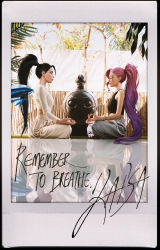 2girls antenna_hair black_hair bracelet breasts commentary crop_top english_commentary english_text closed_eyes facial_mark facing_another faux_traditional_media high_ponytail highres jewelry k/da_(league_of_legends) kai&#039;sa league_of_legends lips long_hair long_sleeves lotus_position meditation multiple_girls nose official_art pants pink_hair ponytail reflection reflective_floor seraphine_(league_of_legends) sitting small_breasts star_(symbol) sweatpants tank_top the_baddest_kai&#039;sa very_long_hair