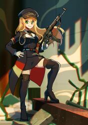 1girl absurdres armband assault_rifle blonde_hair boots commission commissioner_upload girls&#039;_frontline gloves green_eyes gun hat highres iganashi1 kneehighs military_hat military_uniform necktie rifle skeb_commission socks stg44 stg44_(girls&#039;_frontline) weapon white_gloves