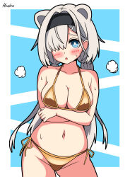 1girl absurdres alternate_costume animal_ears arknights artist_name aurora_(arknights) bear_ears bear_girl bikini black_hairband blue_background blue_eyes blush breasts cleavage commentary_request gold_bikini grey_hair hair_over_one_eye hairband hendra highres large_breasts long_hair looking_at_viewer navel side-tie_bikini_bottom signature simple_background solo swimsuit twintails