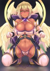 Rule 34 | 1girl, blonde hair, blush, breasts, dark-skinned female, dark skin, elbow gloves, female focus, gloves, head wings, highres, hokamichi, huge breasts, kneeling, lilith (shinrabanshou), looking at viewer, panties, pointy ears, shinrabanshou, short hair, side-tie panties, smile, solo, taji (crowview), underwear, wings, yellow eyes