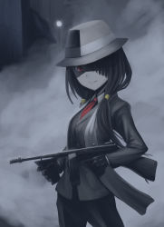 10s 1girl black_gloves black_hair date_a_live fedora female_focus fog formal_clothes gangster gloves gun hair_over_one_eye hat highres jiffic long_hair looking_at_viewer low_twintails machine_gun mafia necktie red_eyes scarf shaded_face solo submachine_gun suit thompson_submachine_gun tokisaki_kurumi trigger_discipline twintails weapon