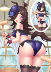 1girl alternate_costume animal_ears aonuma_kiyoharu ass bikini black_hair blush breasts commentary_request curtains hair_over_one_eye hammer hat highres horse_ears horse_girl horse_tail looking_at_viewer looking_back mochitsuki purple_eyes rice_shower_(umamusume) small_breasts sweat swimsuit tail thighhighs umamusume window