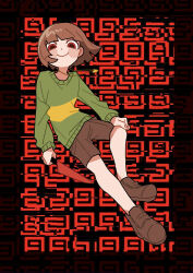 1other absurdres androgynous blunt_bangs blush_stickers brown_hair brown_shoes brown_shorts c: chara_(undertale) child full_body green_sweater heart_pendant highres holding holding_knife knife long_sleeves looking_at_viewer no_nose other_focus red_background red_eyes shoes short_hair shorts smile solo sweater tadeno undertale