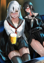 2girls absurdres alcohol beer belt black_hair black_sailor_collar black_serafuku black_shirt black_skirt black_thighhighs blush breasts brown_hair cup drunk fate/grand_order fate_(series) glasses green_eyes hair_between_eyes highres jikihatiman kurohime_(fate) long_hair long_sleeves looking_at_viewer medium_breasts mug multicolored_hair multiple_girls nagao_kagetora_(fate) neckerchief open_mouth sailor_collar scar scar_across_eye scar_on_face school_uniform serafuku shirt sidelocks sitting skirt thighhighs thighs two-tone_hair white_hair white_sailor_collar white_shirt zettai_ryouiki