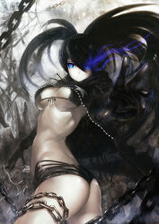 10s 1girl absurdres aged_up ass belt bikini bikini_top_only black_bikini black_hair black_rock_shooter black_rock_shooter_(character) blue_eyes boots breasts chain coat female_focus foreshortening front-tie_top gloves glowing glowing_eye glowing_eyes highres long_hair midriff navel outstretched_hand pale_skin shorts solo swimsuit twintails yoshiku_(oden-usagi)