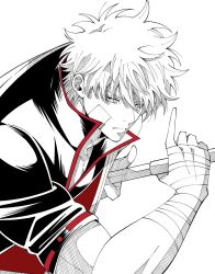 1boy bandaged_arm bandaged_hand bandages black_shirt collared_shirt drawing_sword gauze gauze_on_cheek hadanugi_dousa hair_between_eyes holding holding_sword holding_weapon looking_to_the_side male_focus open_collar open_kimono popped_collar red_trim sakata_gintoki sanpaku shirt short_hair sideways_glance simple_background siro_nui81 solo sword upper_body weapon white_background