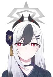 1girl absurdres black_choker black_hair black_horns black_kimono blue_archive blush choker closed_mouth commentary_request demon_horns ear_piercing flower grey_hair grey_halo hair_between_eyes hair_flower hair_ornament hairclip halo highres horns japanese_clothes kayoko_(blue_archive) kayoko_(new_year)_(blue_archive) kimono lenslans long_hair looking_at_viewer official_alternate_costume official_alternate_hairstyle piercing red_eyes simple_background solo white_background