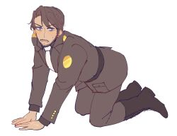 1boy all_fours andersen_(nikke) belt blue_eyes boots brown_belt brown_boots brown_coat brown_hair brown_pants closed_mouth coat commentary curtained_hair english_commentary epaulettes facial_hair goddess_of_victory:_nikke highres kaindycandy lace-up_boots light_blush long_sleeves looking_at_viewer looking_to_the_side male_focus military_coat military_uniform mustache_stubble necktie pants parted_bangs pocket scar scar_on_hand short_hair single_epaulette solo stubble sweatdrop v-shaped_eyebrows white_background white_necktie yellow_trim