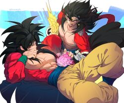 Rule 34 | black hair, blue eyes, blue sash, closed mouth, dougi, dragon ball, dragon ball gt, dragon ball heroes, dragon ball super, earrings, gloves, jewelry, long hair, male focus, monkey boy, monkey tail, multiple boys, muscular, muscular male, ommmyoh, open mouth, pants, potara earrings, red fur, saiyan, sash, son goku, spiked hair, super saiyan, super saiyan 4, tail, time patrol (dragon ball), twitter username, vegeta, vegeta (xeno), vegetto, vegetto (xeno), yellow pants