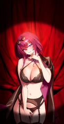 1girl absurdres bby black_bra black_panties bra breasts cleavage commentary_request cowboy_shot curtains eyewear_on_head garter_belt grin hand_up head_tilt highres honkai:_star_rail honkai_(series) kafka_(honkai:_star_rail) large_breasts long_hair looking_at_viewer navel panties purple_eyes purple_hair round_eyewear single_bare_shoulder smile solo standing stomach sunglasses thighs underwear