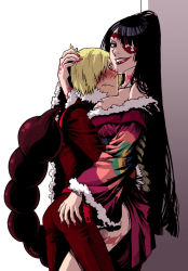 00s 1boy 1girl adiane ass ass_grab blonde_hair blue_hair blush breasts cleavage couple dress eyepatch fang femdom grin hetero hug large_breasts long_hair piote scorpion_tail smile tail tattoo tengen_toppa_gurren_lagann very_long_hair viral_(ttgl)