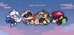 4boys animal animal_hug animal_on_head artist_name blue_hair blush braid brown_hair bubby_(goldbullet) cat cat_on_head chibi cloud cloud_background crimzon_ruze english_text g0mmi gen_1_pokemon goldbullet highres holoarmis holostars holostars_english hug hugging_own_tail hugging_tail jurard_t_rexford male_focus multiple_boys multiple_braids multiple_cats nintendo octavio on_head pajamas paras pillow pokemon red_hair saliva sleep_mask sleeping sleepwear star-shaped_pillow stuffed_animal stuffed_dinosaur stuffed_octopus stuffed_toy tail uwu virtual_youtuber