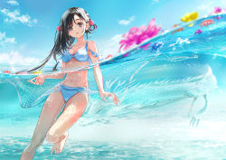 1girl barefoot bikini black_hair blue_bikini blue_sky blush breasts brown_eyes cleavage cloud cloudy_sky day dragon eastern_dragon flower long_hair looking_at_viewer mole mole_under_eye navel ocean open_mouth original outdoors partially_submerged sky smile solo standing standing_on_one_leg swimsuit thighs tiv wading water wet