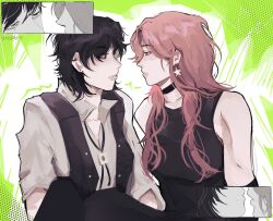 2girls bare_shoulders black_choker black_dress black_eyes black_gloves black_hair black_vest bolo_tie choker close-up collared_shirt commentary dress ear_piercing earrings elbow_gloves english_commentary eye_focus face-to-face gloves highres imminent_kiss jewelry kininatteru_hito_ga_otoko_ja_nakatta koga_mitsuki long_hair looking_at_another mole mole_under_eye mouth_focus multiple_girls multiple_views official_alternate_costume oosawa_aya open_clothes open_vest oxchiire piercing pink_hair popped_collar procreate_(medium) profile scene_reference shirt short_hair sleeveless sleeveless_dress star_(symbol) star_earrings vest white_shirt yuri