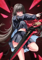 1girl black_hair black_serafuku black_shirt black_skirt black_socks bright_pupils chisa_(wuthering_waves) hair_ribbon highres hoavu holding holding_sword holding_weapon jewelry kneehighs long_hair looking_at_viewer midriff mole mole_under_eye multiple_rings neckerchief pleated_skirt red_background red_eyes red_neckerchief red_ribbon ribbon ring school_uniform serafuku shirt skirt socks solo standing standing_on_one_leg sword tacet_mark_(wuthering_waves) thigh_strap twitter_username weapon white_pupils wuthering_waves