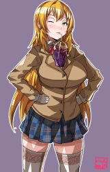 1girl ;) absurdres blazer blonde_hair bow bowtie breasts brown_jacket bubble_tea bubble_tea_challenge collared_shirt drinking_straw drinking_straw_in_mouth gloves grey_skirt hair_between_eyes hands_on_own_hips highres jacket julioalqae large_breasts long_hair long_sleeves looking_at_viewer miniskirt object_on_breast one_eye_closed plaid_clothes plaid_skirt purple_background red_bow red_bowtie school_uniform shirt shokuhou_misaki skirt smile solo thighhighs toaru_kagaku_no_mental_out toaru_kagaku_no_railgun toaru_majutsu_no_index tokiwadai_school_uniform very_long_hair white_gloves white_shirt white_thighhighs winter_uniform yellow_eyes