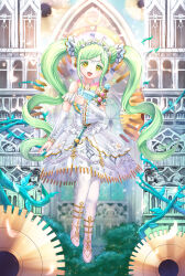 1girl :d bad_id bad_pixiv_id braid braided_bangs castle clock clock_tower detached_sleeves dress falala_a_larm floral_print flower full_body gears gold_trim green_hair hair_flower hair_ornament hand_up harp head_chain headphones highres idol_time_pripara instrument jewelry long_hair looking_at_viewer lunacle open_mouth petals plant pretty_series print_dress pripara smile solo standing tower twintails very_long_hair vines white_dress white_flower wide_sleeves yellow_eyes
