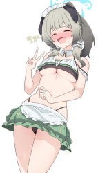 1girl alternate_costume animal_ears blue_archive blue_halo blush breasts closed_eyes detached_collar dog_ears dog_girl green_hair halo highres medium_breasts meruki official_alternate_costume open_mouth simple_background sweat umika_(blue_archive) umika_(swimsuit)_(blue_archive) v