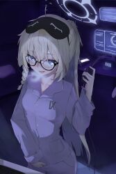 1girl ahoge alternate_costume black-framed_eyewear blonde_hair blue_archive blue_eyes blue_halo blush braid breasts cellphone chinese_commentary clock commentary_request digital_clock female_masturbation glasses halo hand_up headphones highres hiori_(user_fxcw3832) holding holding_headphones indoors kotama_(blue_archive) long_hair long_sleeves mask mask_on_head masturbation medium_breasts monitor open_mouth pajamas pants phone ponytail purple_pants purple_shirt saliva saliva_trail shirt side_braid sleep_mask smartphone solo variant_set