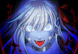 1girl absurdres bare_shoulders blue_eyes blue_skin choker close-up colored_skin earrings fate/grand_order fate_(series) hair_ribbon head_only highres indian_clothes jewelry kali_(fate) large_earrings long_hair looking_at_viewer lotus_petals necklace open_mouth ribbon silver_choker solo third_eye tongue tongue_out user_htsm3375 white_hair