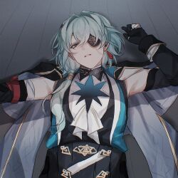 1boy anaxa_(honkai:_star_rail) aqua_hair black_gloves blue_eyes chain earrings eyepatch fz7047 gloves highres honkai:_star_rail honkai_(series) jewelry looking_at_viewer lying male_focus on_back one_eye_covered parted_lips partially_fingerless_gloves single_earring solo teeth upper_body