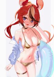 1girl absurdres animal_ears bikini black_hair blue_eyes blush breasts choker collarbone gold_bikini hakos_baelz highres hololive hololive_english innertube jacket jiang_ye_kiri looking_at_viewer midriff mouse_ears mouse_girl multicolored_hair navel off_shoulder open_clothes open_jacket open_mouth red_hair side-tie_bikini_bottom simple_background solo swim_ring swimsuit virtual_youtuber white_background white_hair white_jacket