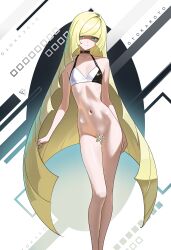 Rule 34 | 1girl, absurdres, alternate costume, bikini, bikini top only, black bikini, black choker, blonde hair, blunt bangs, bottomless, censored, choker, feet out of frame, flat chest, green eyes, halterneck, highres, long hair, lusamine (pokemon), multicolored bikini, navel, nintendo, novelty censor, otokakoto, paid reward available, pokemon, pokemon sm, solo, standing, stomach, studded choker, swimsuit, two-tone bikini, very long hair, white bikini