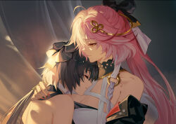 2girls bare_shoulders black_bow black_collar black_hair body_markings bow braid breasts changli_(wuthering_waves) cleavage closed_eyes closed_mouth collar commentary english_commentary female_rover_(wuthering_waves) gloves hair_between_eyes hair_bow hair_extensions hair_ornament highres hug long_hair looking_at_another low_ponytail multicolored_hair multiple_girls pink_hair ponytail ring_hair_extensions rover_(wuthering_waves) ruoruoqiu twin_braids two-tone_hair upper_body very_long_hair white_hair wuthering_waves yellow_eyes