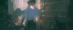 2boys bishounen black_pants bookshelf bracelet brown_hair character_request closed_eyes closed_mouth collared_shirt commentary copyright_request curtains english_commentary feathered_wings figure from_behind glass goat hand_on_table highres holding_hands jewelry lantern light_bulb long_sleeves male_focus multiple_boys pants pinstripe_pants pinstripe_pattern shirt short_hair smile striped taro-k thick_eyebrows unfinished white_hair white_shirt white_wings window wings yaoi