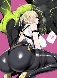 1boy 1girl absurdres ass ass_focus back black_pants blonde_hair blush breasts ethereal_(zenless_zone_zero) evelyn_chevalier fellatio from_behind hetero highres huge_ass huge_penis large_breasts licking licking_penis open_mouth oral pants penis penis_on_head purple_eyes shirt squatting testicles thick_thighs thighs tongue tongue_out veins veiny_penis white_shirt xipa zenless_zone_zero