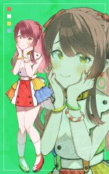 1girl 965ma_mogumogu absurdres belt_collar border brown_hair collar color_guide commentary dot_nose dress earrings eyelashes full_body furrowed_brow green_background green_shoes hair_ribbon highres hoop_earrings idolmaster idolmaster_shiny_colors jewelry light_blush looking_at_viewer mismatched_shoes multicolored_dress official_alternate_costume osaki_tenka plaid_clothes plaid_dress red_hair red_ribbon red_shoes ribbon shoes smile socks solo swept_bangs upper_body white_socks wristband yellow_eyes zoom_layer
