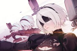 1girl 2b_(nier:automata) absurdres black_blindfold black_dress black_hairband blindfold breasts cleavage cleavage_cutout clothing_cutout covered_eyes dress hairband hatski.sin highres juliet_sleeves long_sleeves medium_breasts mole mole_under_mouth nier:automata nier_(series) pod_(nier:automata) puffy_sleeves robot short_hair sword upper_body weapon white_hair