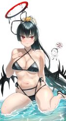 1girl absurdres bare_shoulders bikini black_bikini black_hair black_wings blue_archive blush breasts doodle_sensei_(blue_archive) flower full_body hair_flower hair_ornament halo halterneck highres large_breasts long_hair looking_at_viewer navel official_alternate_costume ponytail red_eyes red_halo sensei_(blue_archive) shallow_water sitting stomach string_bikini swimsuit thighs tsurugi_(blue_archive) tsurugi_(swimsuit)_(blue_archive) very_long_hair walking_nakta wariza water wet white_background wings