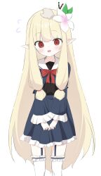 1girl absurdres blonde_hair bow bowtie character_request check_character check_copyright collarbone copyright_request dress flower frilled_dress frilled_thighhighs frills garter_belt hair_flower hair_ornament hairband headpat highres light_blush long_hair pointy_ears red_eyes red_hairband red_ribbon ribbon skinny smile solo thighhighs user_yths2234 wide_sleeves