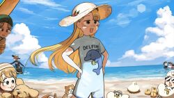 Rule 34 | 1boy, 6+girls, :d, baby animal, backwards hat, beach, bird, black wetsuit, blonde hair, blue eyes, blue wetsuit, bodysuit, brown hair, cat, chicken, chili pepper, closed eyes, cloud, cloudy sky, clumsy nun (diva), commentary, diva (hyxpk), diving suit, dog, dolphin print, duck, duckling, english commentary, fishing rod, froggy nun (diva), goggles, goggles around neck, green hat, hat, highres, lifebuoy, little nuns (diva), long hair, multiple girls, ocean, open mouth, sky, smile, smug nun (diva), spicy nun (diva), springsuit, star nun (diva), star ornament, strict nun (diva), sunglasses, swim cap, swim ring, tongue, tongue out, triangle mouth, wetsuit, yellow eyes