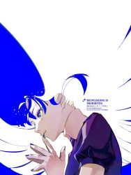 Rule 34 | 1other, blue background, blue eyes, blue nails, colored eyelashes, commentary, floating hair, formal clothes, gem uniform (houseki no kuni), highres, houseki no kuni, lapis lazuli (houseki no kuni), light smile, long hair, looking up, mt5 014, other focus, puffy short sleeves, puffy sleeves, short sleeves, simple background, solo, steepled fingers, suit, symbol-only commentary, upper body, very long hair, watermark