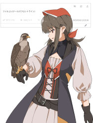 1girl absurdres bird black_gloves brown_eyes brown_hair falcon falcon_(girls&#039;_frontline) girls&#039;_frontline gloves hashtag-only_commentary headscarf highres long_hair nighttsound odaibako open_mouth red_headscarf request_inset simple_background white_background