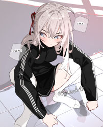 1girl alisa_mikhailovna_kujou alternate_costume artist_name black_jacket blue_eyes blush commentary english_commentary gopnik hair_ribbon highres jacket long_sleeves looking_to_the_side no_shoes panties red_ribbon reflection ribbon russian_text slav_squatting socks solo squatting sydus thighhighs thighs tile_floor tiles tokidoki_bosotto_roshia-go_de_dereru_tonari_no_alya-san track_jacket twitter_username underwear white_panties white_thighhighs