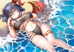 1girl absurdres beach bikini black_bikini black_hair bracelet breasts cameltoe colored_inner_hair demon_wings flower_bracelet green_eyes hair_between_eyes highres horn_ornament horn_ring horns jewelry knees_together_feet_apart large_breasts long_hair looking_at_viewer lying multicolored_hair navel ocean on_back princess_connect! ranpha_(princess_connect!) ranpha_(summer)_(princess_connect!) red_horns sefthy single_horn single_wing swimsuit underboob water wet wings