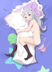 1girl black_legwear blue_eyes blush body_pillow bow eromanga_sensei fang hair_bow highres hug hugging_object izumi_sagiri jiecaobaba long_hair looking_at_viewer low-tied_long_hair lying nipples nude on_side open_mouth panties pillow pillow_hug pink_bow side-tie_panties silver_hair solo underwear untied_panties unworn_panties
