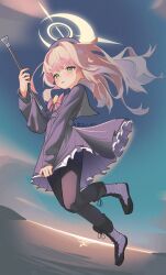 1girl beret black_hat black_pantyhose black_sailor_collar black_serafuku black_skirt blonde_hair blue_archive blush boots bow bowtie cane cloud commentary dorusan_02 fluffy_hair frilled_skirt frills full_body green_eyes halo hat highres holding holding_cane horizon lace-up_boots loli long_hair open_mouth outdoors pantyhose pleated_skirt professor_niyaniya_(blue_archive) pulling_own_clothes red_bow red_bowtie sailor_collar school_uniform serafuku side_ahoge skirt solo twitter_username yellow_halo