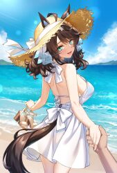 1girl alternate_costume animal_ears beach bikini black_hair blue_eyes blush breasts commentary_request commission daring_tact_(umamusume) hair_between_eyes hair_ornament hat highres looking_at_viewer medium_breasts ocean pov pov_hands sand shirokuma_a skeb_commission solo_focus straw_hat swimsuit umamusume